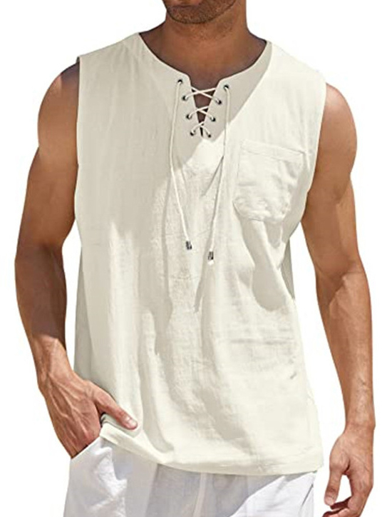 Men's Lace-Up Solid Color Cotton Linen Vest Shirt