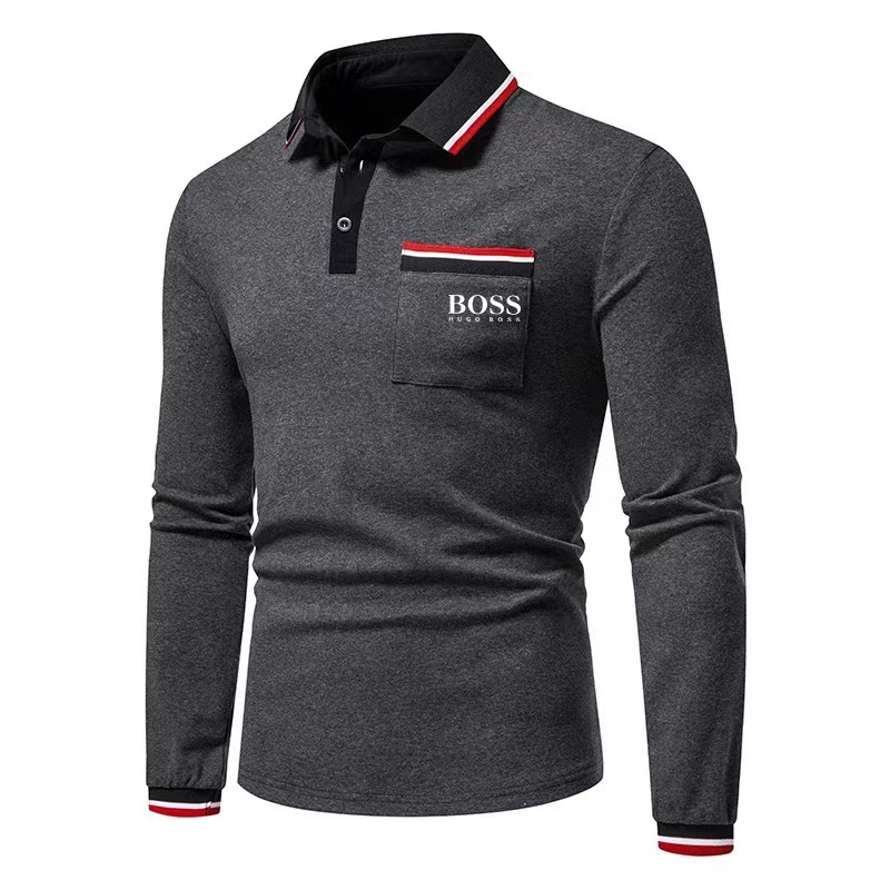 Men's Casual Color Block Long Sleeve Polo Shirt
