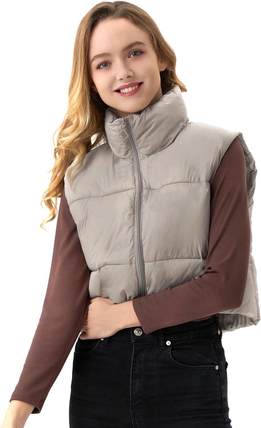 ANAYSN Women's Cropped Puffer Vest Lightweight Sleeveless Warm Vests For Women Winter Stand Collar Padded Gilet
