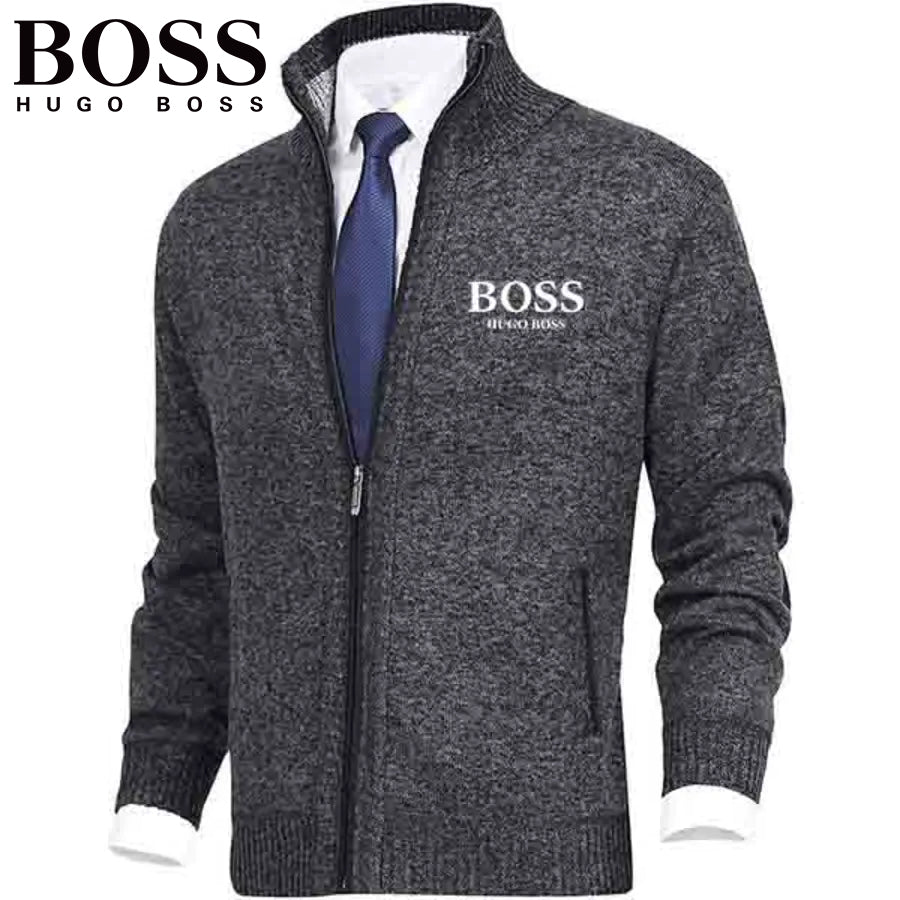 Men's Solid Color Stand Collar Knitted Sweater Jacket