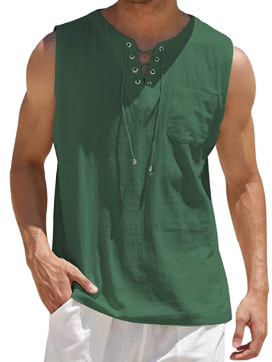 Men's Lace-Up Solid Color Cotton Linen Vest Shirt