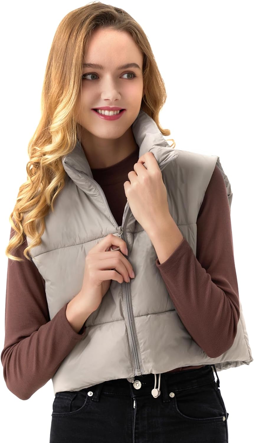 ANAYSN Women's Cropped Puffer Vest Lightweight Sleeveless Warm Vests For Women Winter Stand Collar Padded Gilet