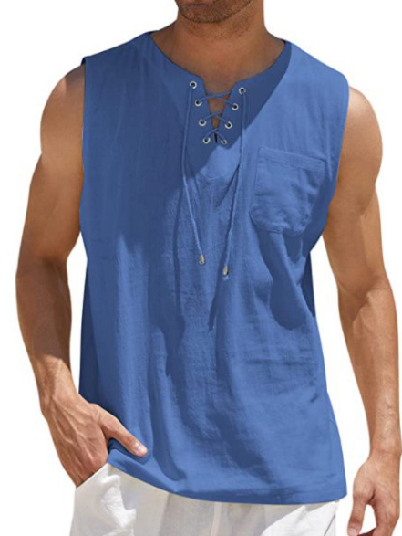 Men's Lace-Up Solid Color Cotton Linen Vest Shirt