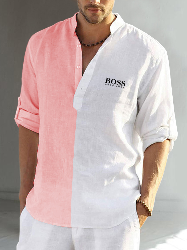 Color block cotton linen men's long sleeve casual shirt