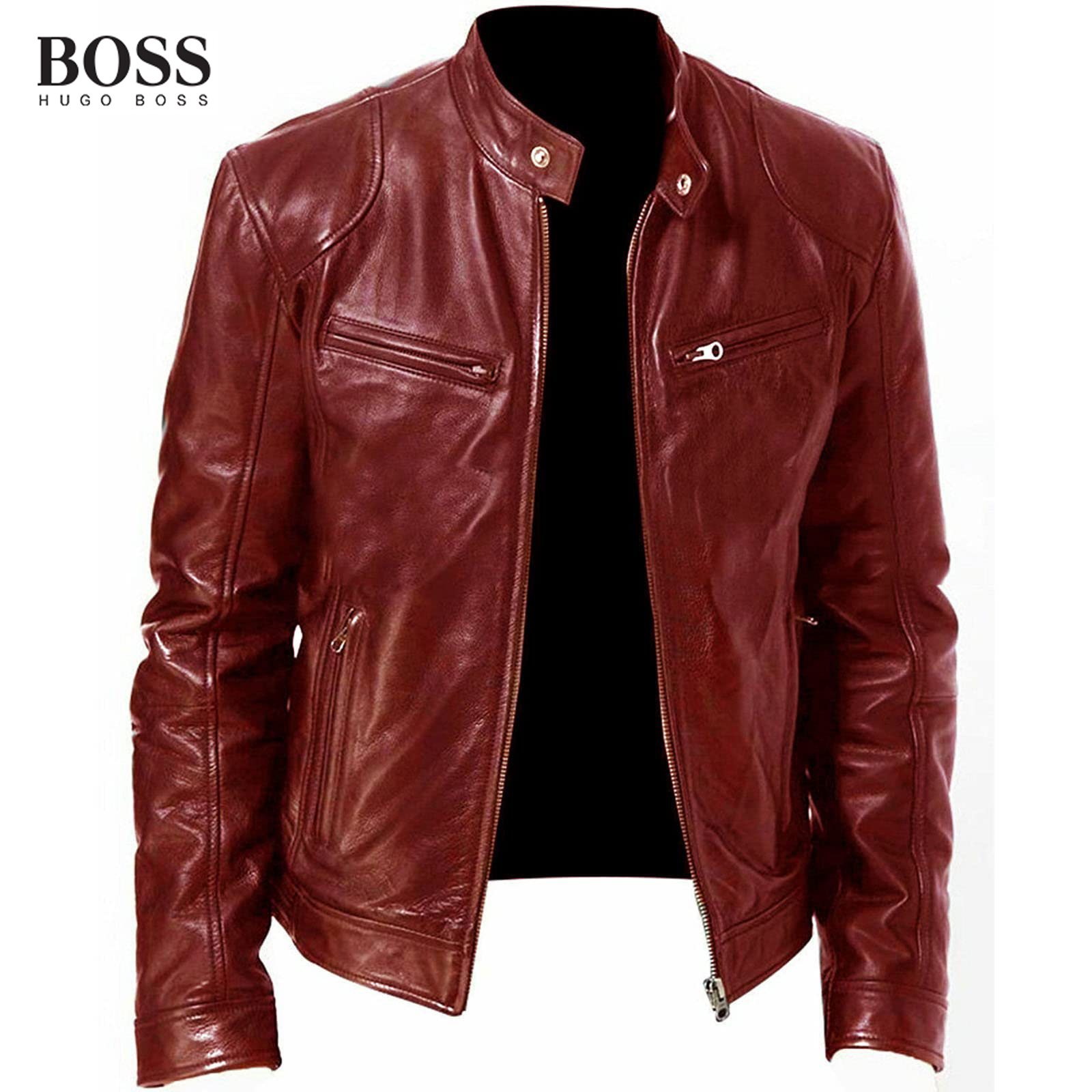 Men's Stand Collar Leather Jacket Lightweight Zipper Leather Coat Slim Fit Biker Jacket