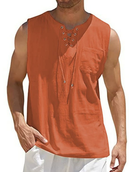 Men's Lace-Up Solid Color Cotton Linen Vest Shirt