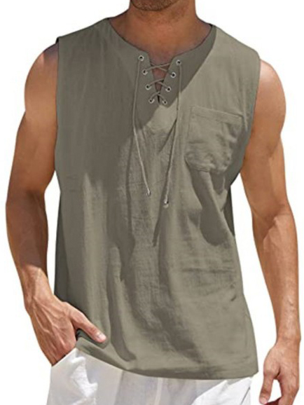 Men's Lace-Up Solid Color Cotton Linen Vest Shirt