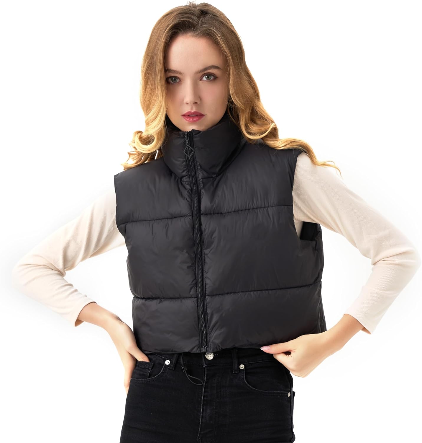 ANAYSN Women's Cropped Puffer Vest Lightweight Sleeveless Warm Vests For Women Winter Stand Collar Padded Gilet