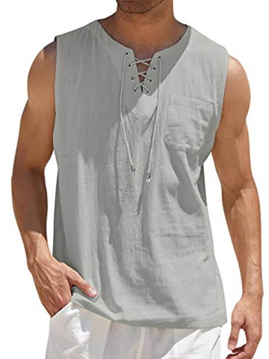 Men's Lace-Up Solid Color Cotton Linen Vest Shirt