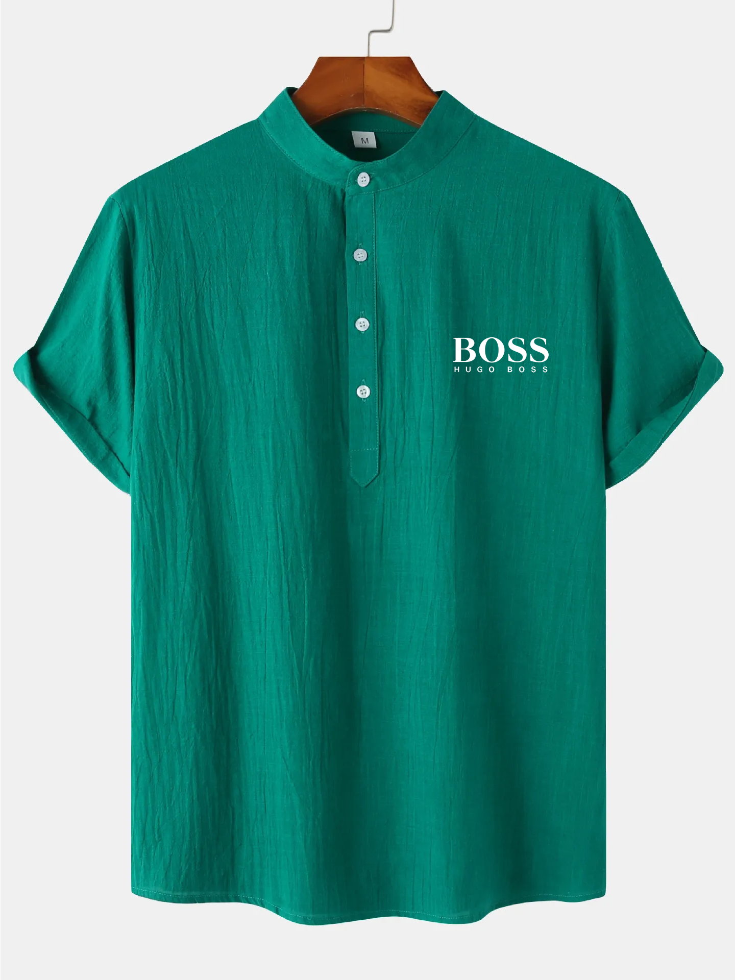 Men's Cotton Linen Stand Collar Casual Beach Short Sleeve Shirt