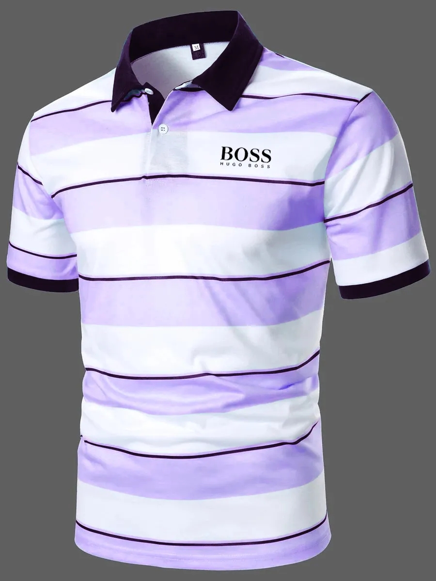 Men Block Striped Casual Short Sleeve Polo Shirt