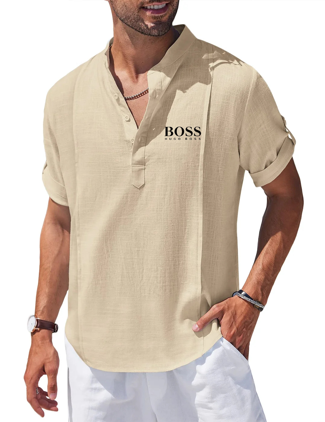 Men's Linen Cotton Henley Shirt Casual Beach Hippie Shirts Short Sleeve T Shirts
