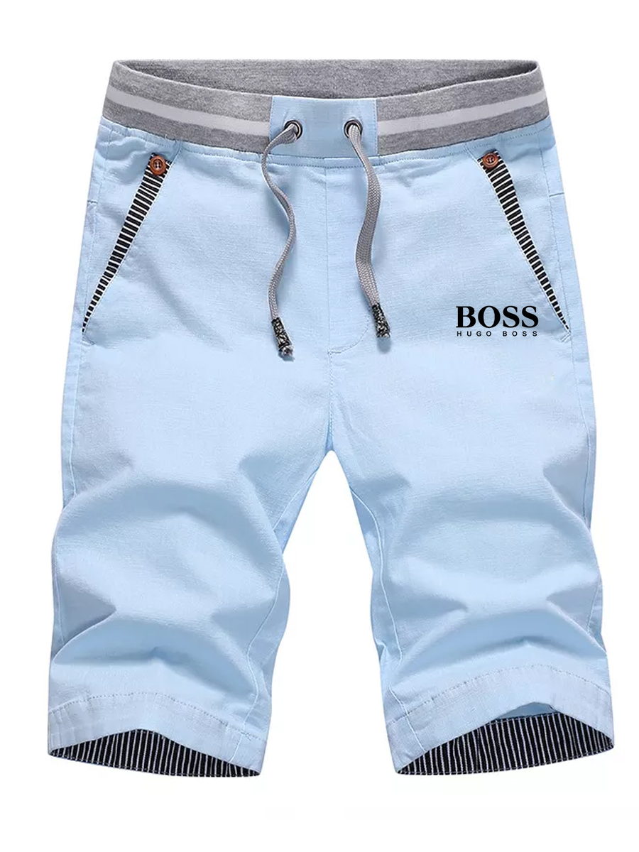 Men's logo embroidered casual elastic elastic waist straight shorts