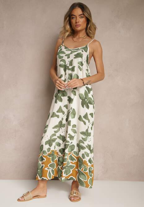 Zielono-Beżowy Kombinezon Wide Leg z Wiskozą na Ramiączkach Iffiane