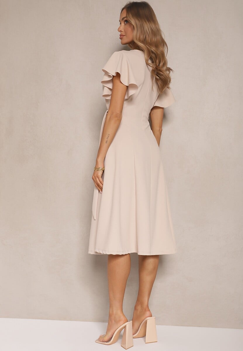 Beżowa Kopertowa Sukienka z Rozkloszowanym Dołem i Ozdobnym Wiązaniem Dannola