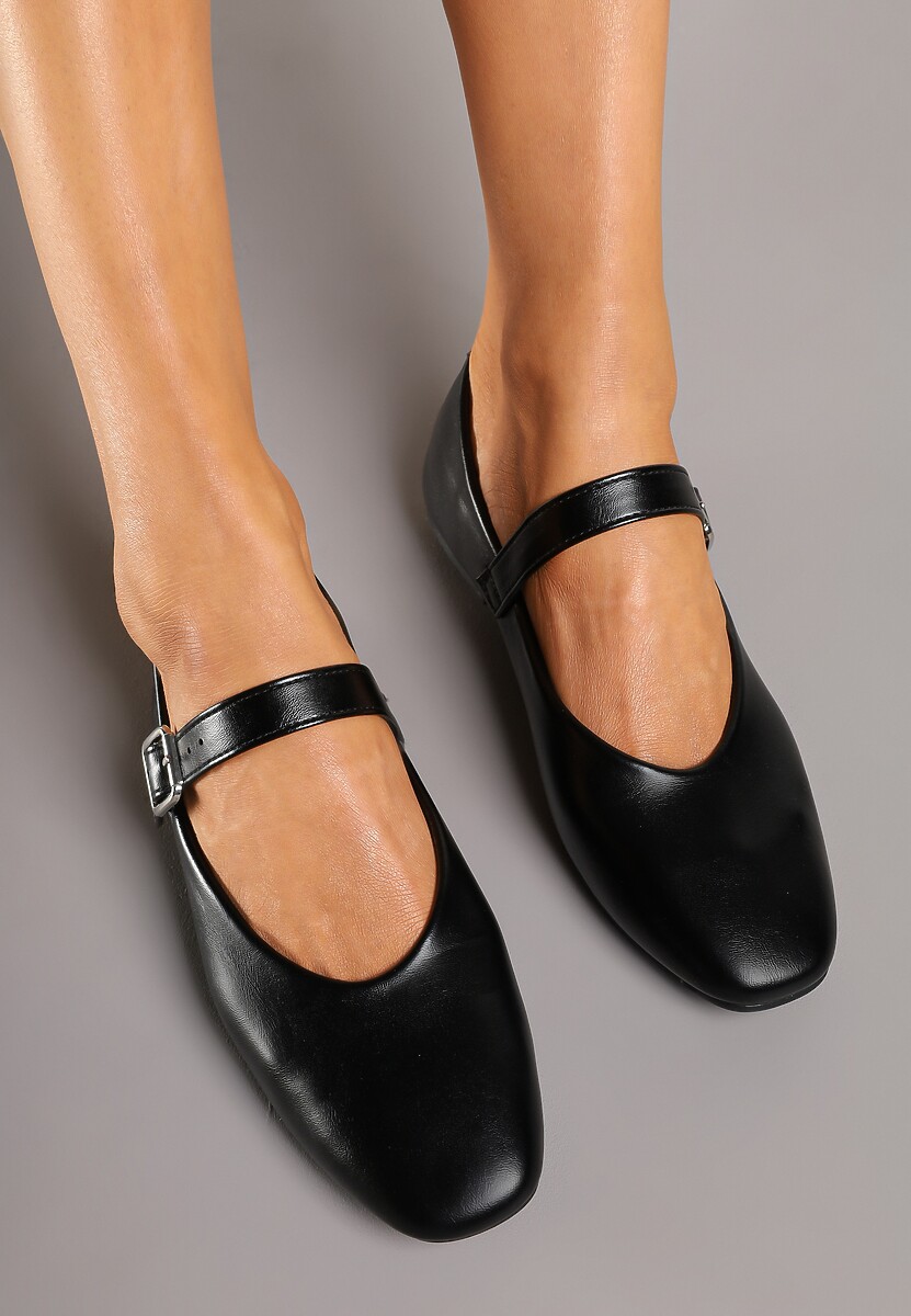 Czarne Balerinki na Płaskiej Podeszwie w Stylu Mary Jane Ozdobione Kwadratowym Noskiem Treloma