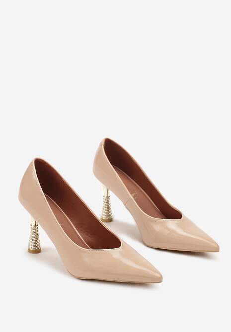 Ciemnobeżowe Lakierowane Szpilki Vices z Wkładką ze Skóry Naturalnej Zdobione Cyrkoniami Gioriana