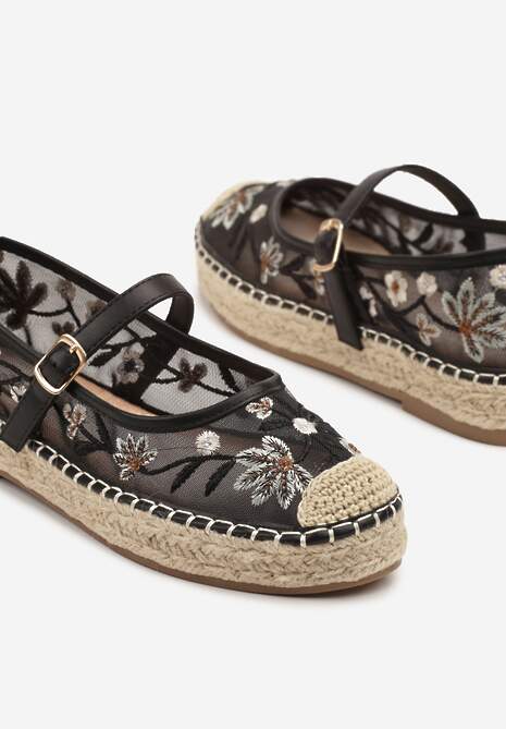 Czarne Espadryle z Siateczki na Plecionej Podeszwie Zdobione Haftem Evelritia