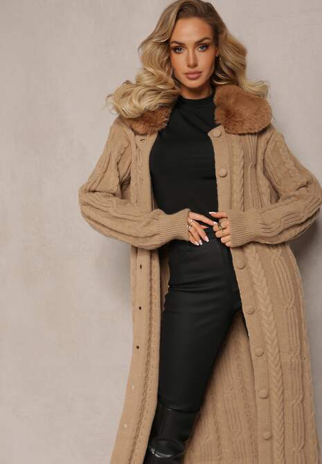 Beżowy Wiskozowy Kardigan w Warkoczykowy Splot z Futrzanym Kołnierzem Nirossa