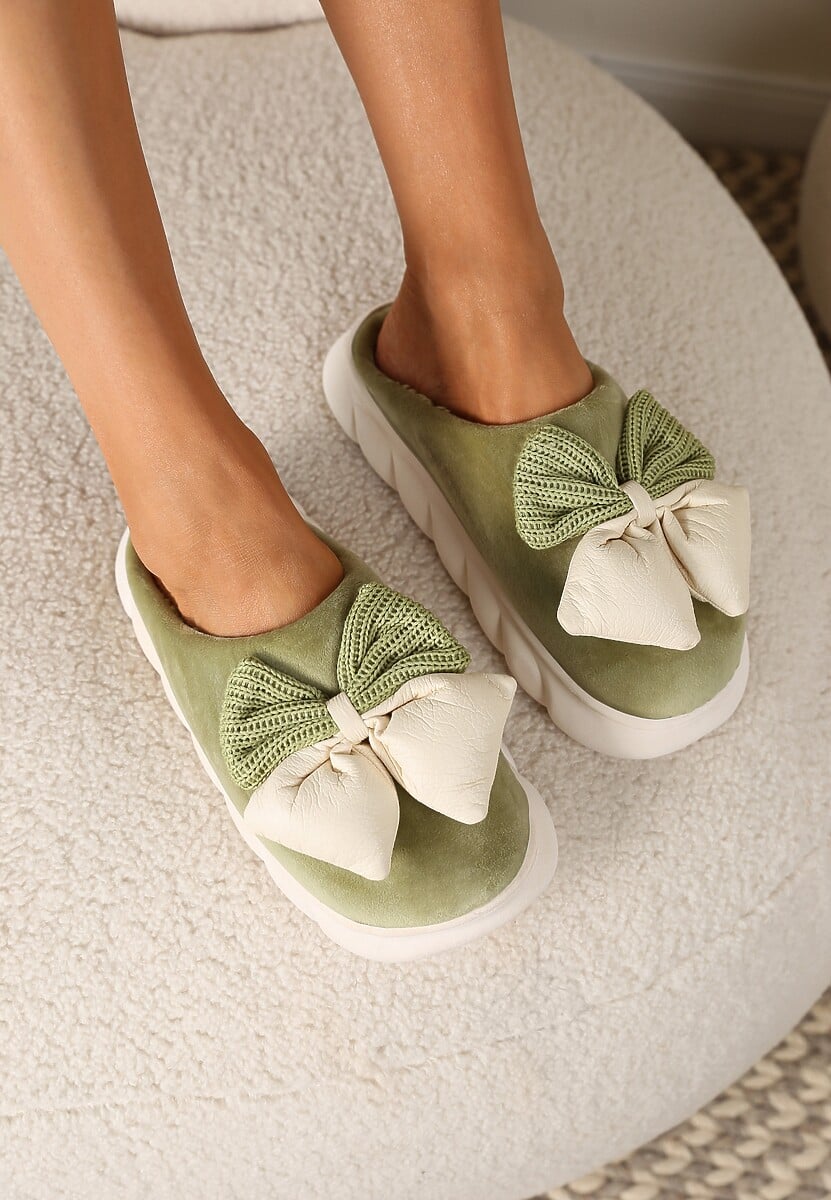 Zielone Kapcie na Płaskiej Podeszwie z Futerkiem i Kokardą Dezilaine