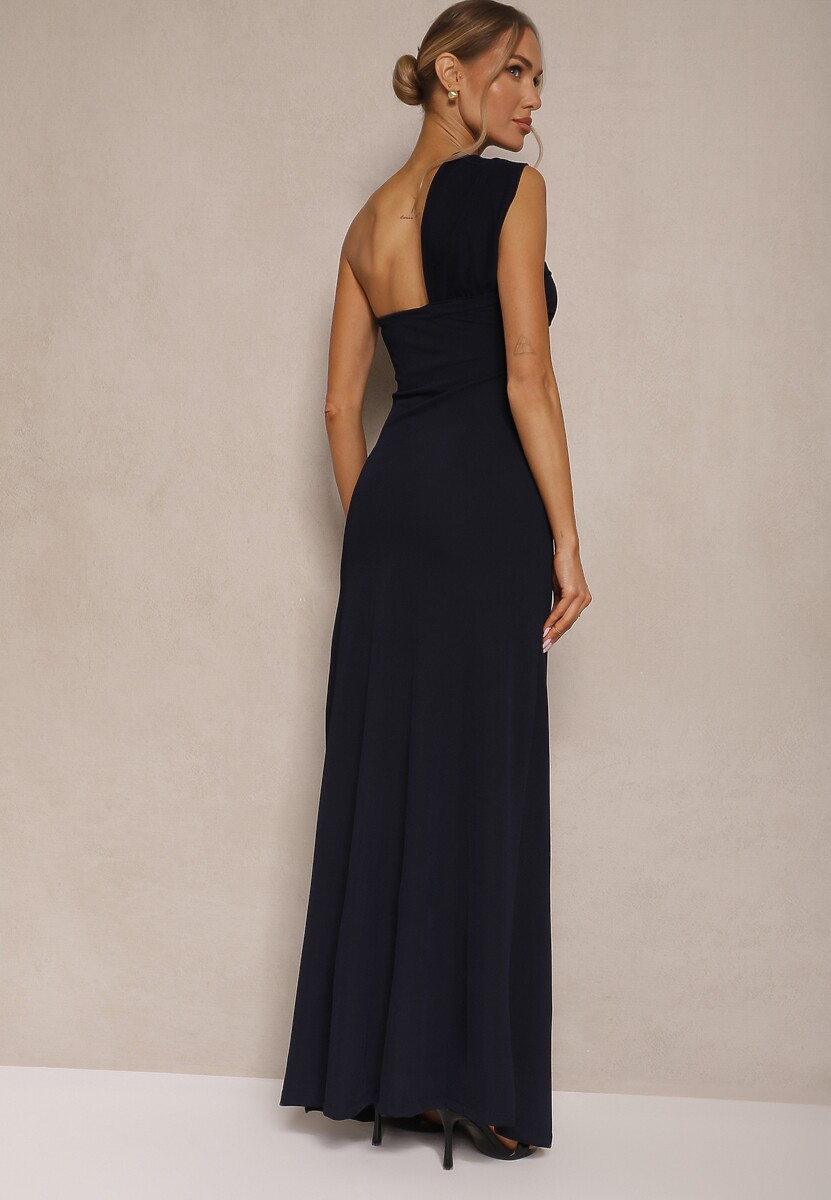 Granatowa Asymetryczna Sukienka Koktajlowa Ozdobiona Metaliczną Aplikacją Divianis