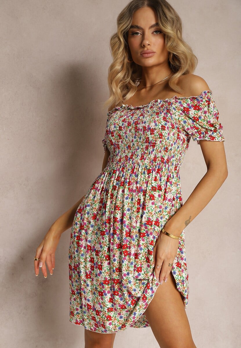 Biało-Różowa Hiszpanka Sukienka z Wiskozy w Kwiatowy Wzór z Gumką w Pasie Silemia