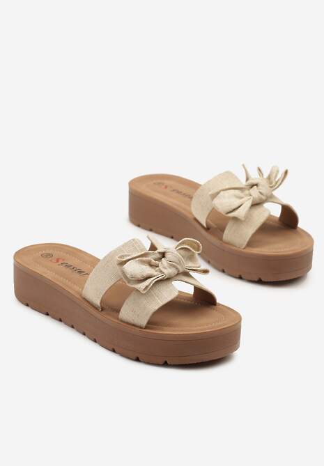 Jasnobeżowe Klapki na Grubej Podeszwie Ozdobione Kokardą Raviselli