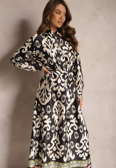 Czarno-Biała Pudełkowa Sukienka Satynowa z Paskiem w Talii w Ornamentalny Print Tarosa