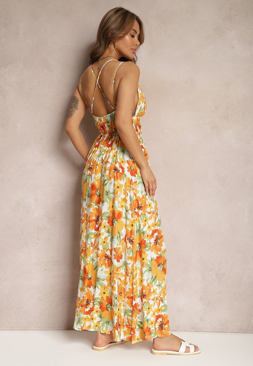 Żółta Rozkloszowana Sukienka z Wiskozy na Ramiączkach w Kwiaty z Odkrytymi Plecami Allaine