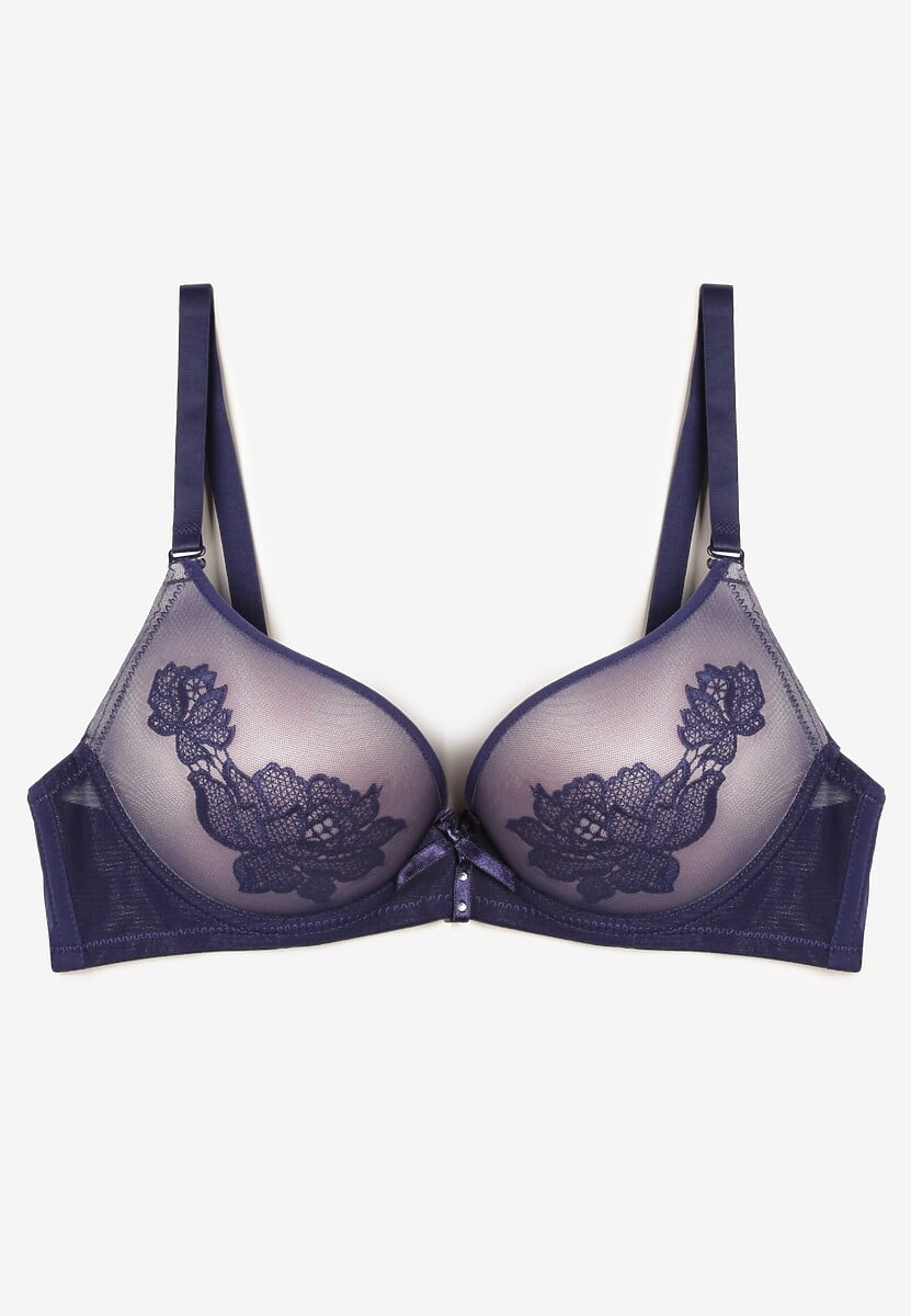 Granatowo-Różowy Biustonosz Push Up Ozdobiony Kwiatowym Wzorem i Kokardką Amaril