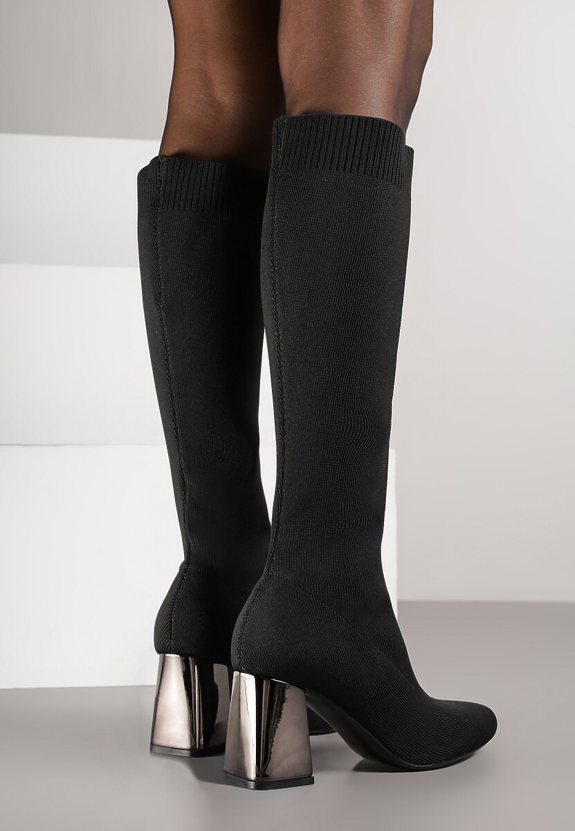 Czarne Eleganckie Kozaki VICES na Metalicznym Obcasie ze Skarpetkową Cholewką Nalaina