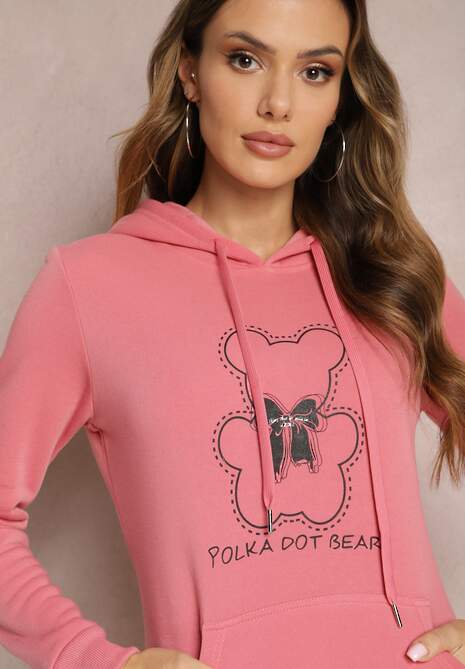 Różowa Bluza Kangurka ze Ściągaczami z Nadrukiem i Polarem Simunsa