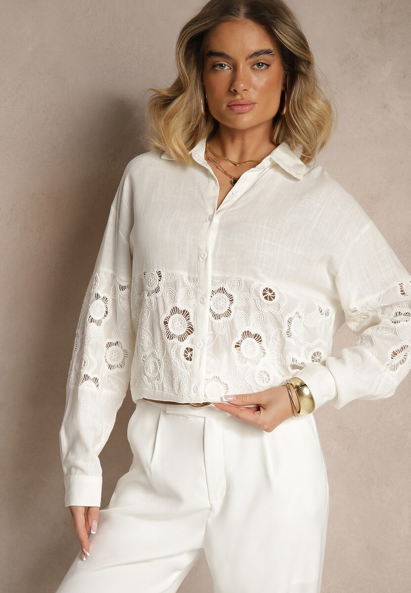 Jasnobeżowa Koszula Oversize z Lnem Zdobiona Ażurowymi Wstawkami Dannivra