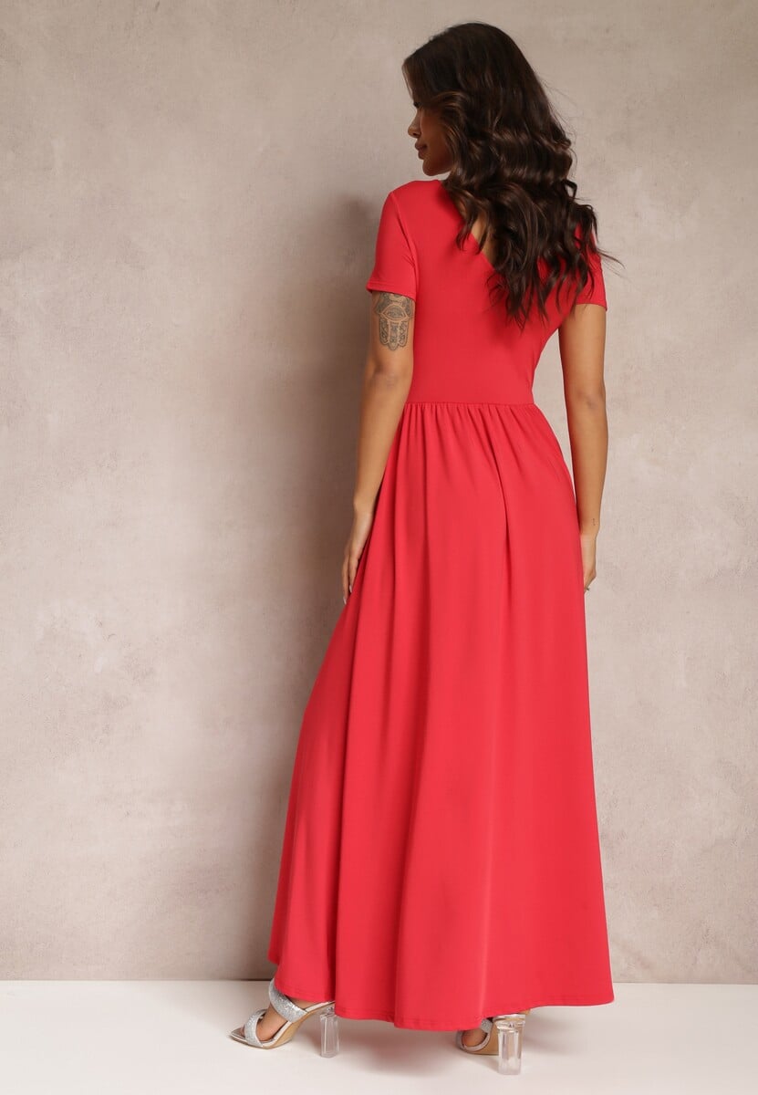 Czerwona Sukienka Maxi z Rozkloszowanym Dołem i Rozcięciem Zarya
