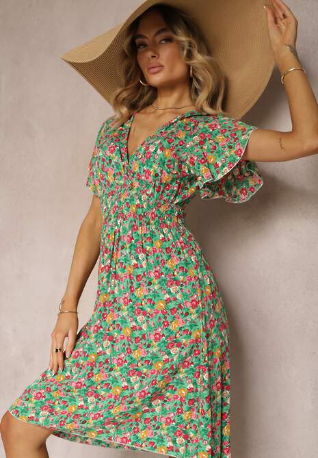 Zielona Kwiecista Sukienka z Wiskozy z Trójkątnym Dekoltem i Gumką w Talii Tereria