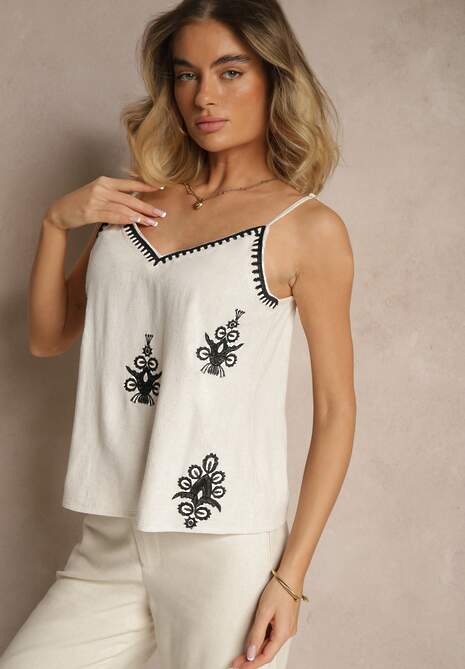 Czarny Top z Wiskozą Lnem i Haftowanym Wzorem Natilione
