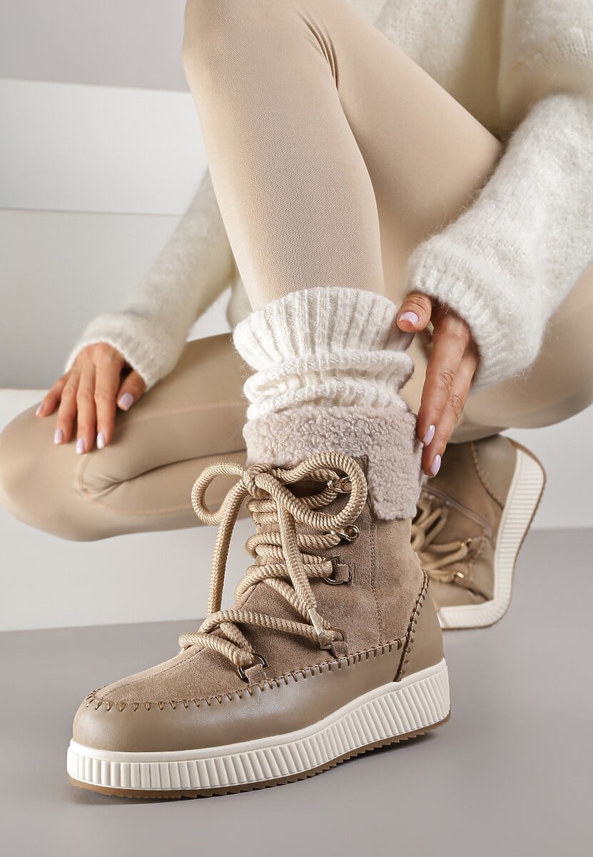 Ciemnobeżowe Śniegowce Zdobione Futrem i Przeszyciami Genilea