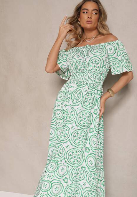 Zielono-Biała Sukienka o Rozkloszowanym Kroju z Bawełną w Abstrakcyjny Wzór Ldivena
