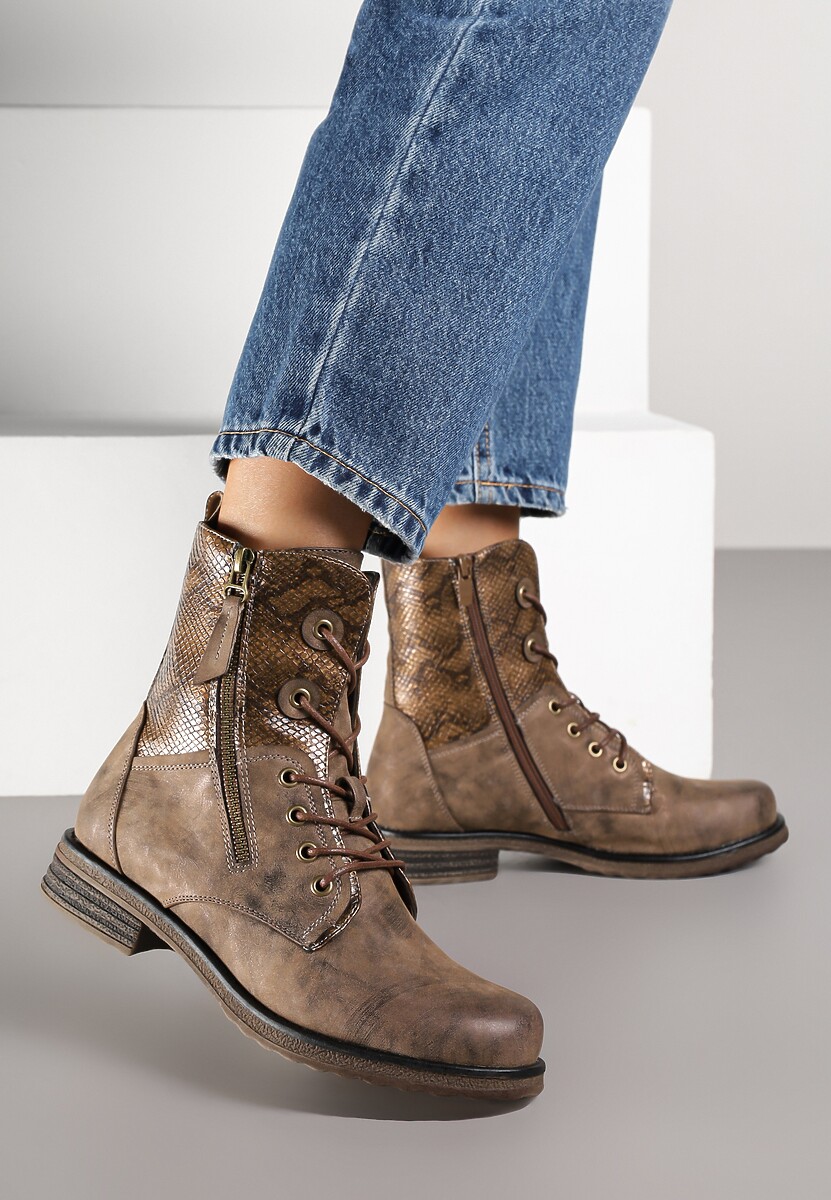 Brązowe Botki w Stylu Workerów z Ozdobnym Suwakiem i Wężową Wstawką Vemalora