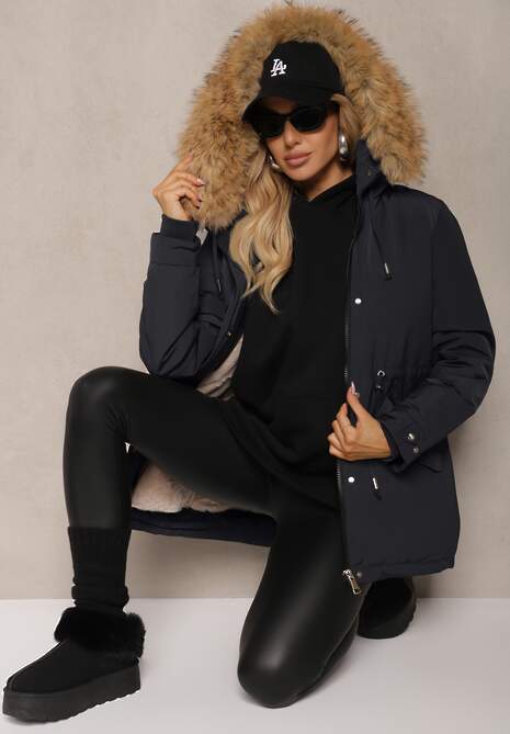 Granatowa Kurtka Parka Mocno Ocieplana z Futerkiem przy Kapturze z Możliwością Odpięcia Sialthira