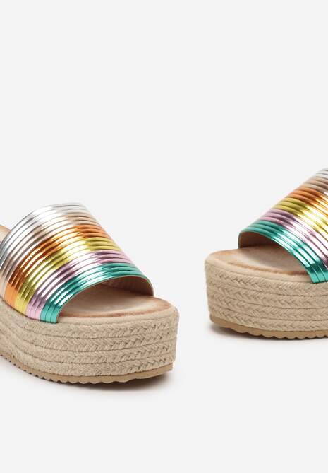 Beżowo-Zielone Klapki na Koturnie i Platformie z Plecionki z Paskiem z Ekoskóry Silphina