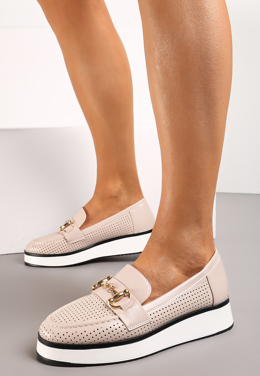 Beżowe Ażurowe Mokasyny z Ekoskóry na Grubej Podeszwie z Metaliczną Klamrą Valesin