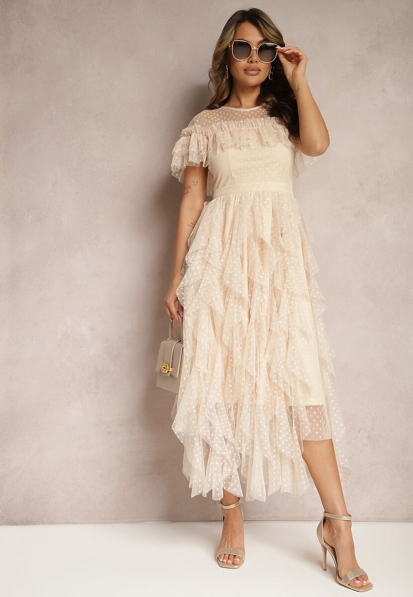 Beżowa Rozkloszowana Sukienka z Transparentnymi Wstawkami z Koronki Saela