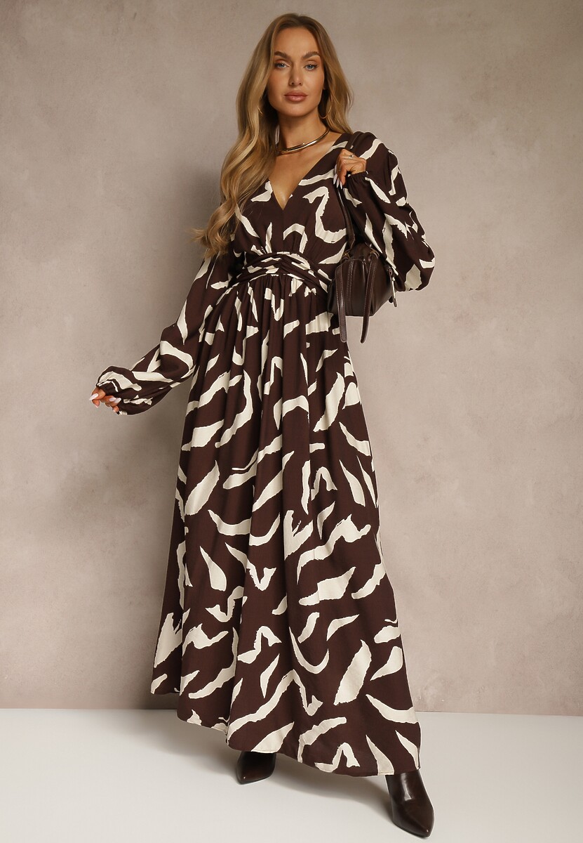 Brązowa Sukienka z Wiskozą o Rozkloszowanym Kroju Netiva