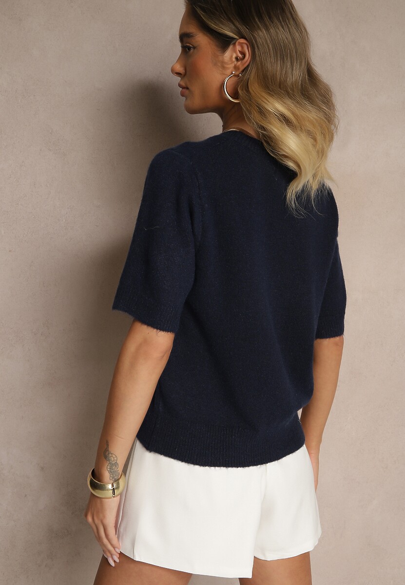 Granatowy Sweter z Wełną Krótkim Rękawem Ozdobiony Ściągaczami Emiralin