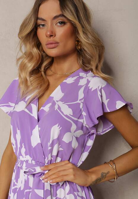 Fioletowa Sukienka z Kopertowym Dekoltem Plisowanym Dołem Wykończona w Talii Paskiem i Gumką Elsavia