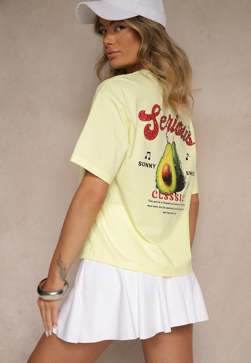 Żółty T-shirt z Bawełną ze Wzorem Awokado Tilannia
