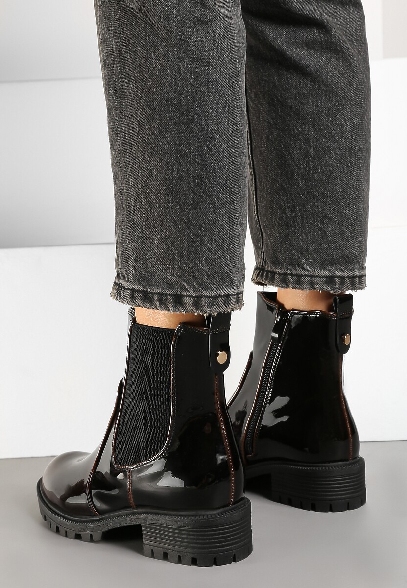 Brązowe Botki Sztyblety z Lakierowanym Połyskiem Atinarra