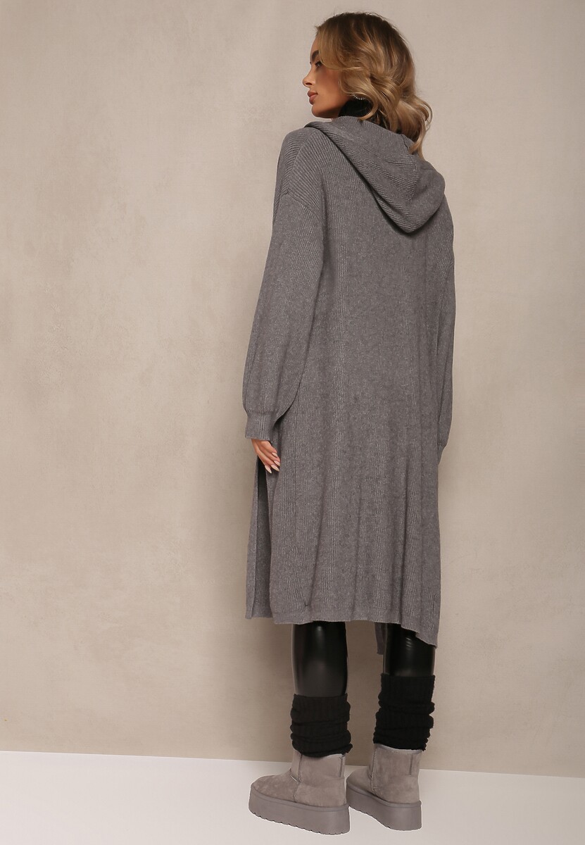 Szary Jednolity Kardigan z Długim Rękawem Niezapinany z Kapturem Colise