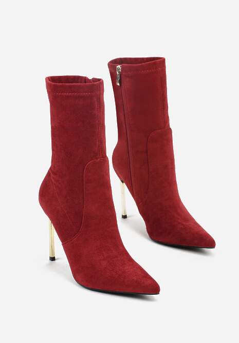 Bordowe Botki na Szpilce Ozdobione Metaliczną Wstawką Amiltia